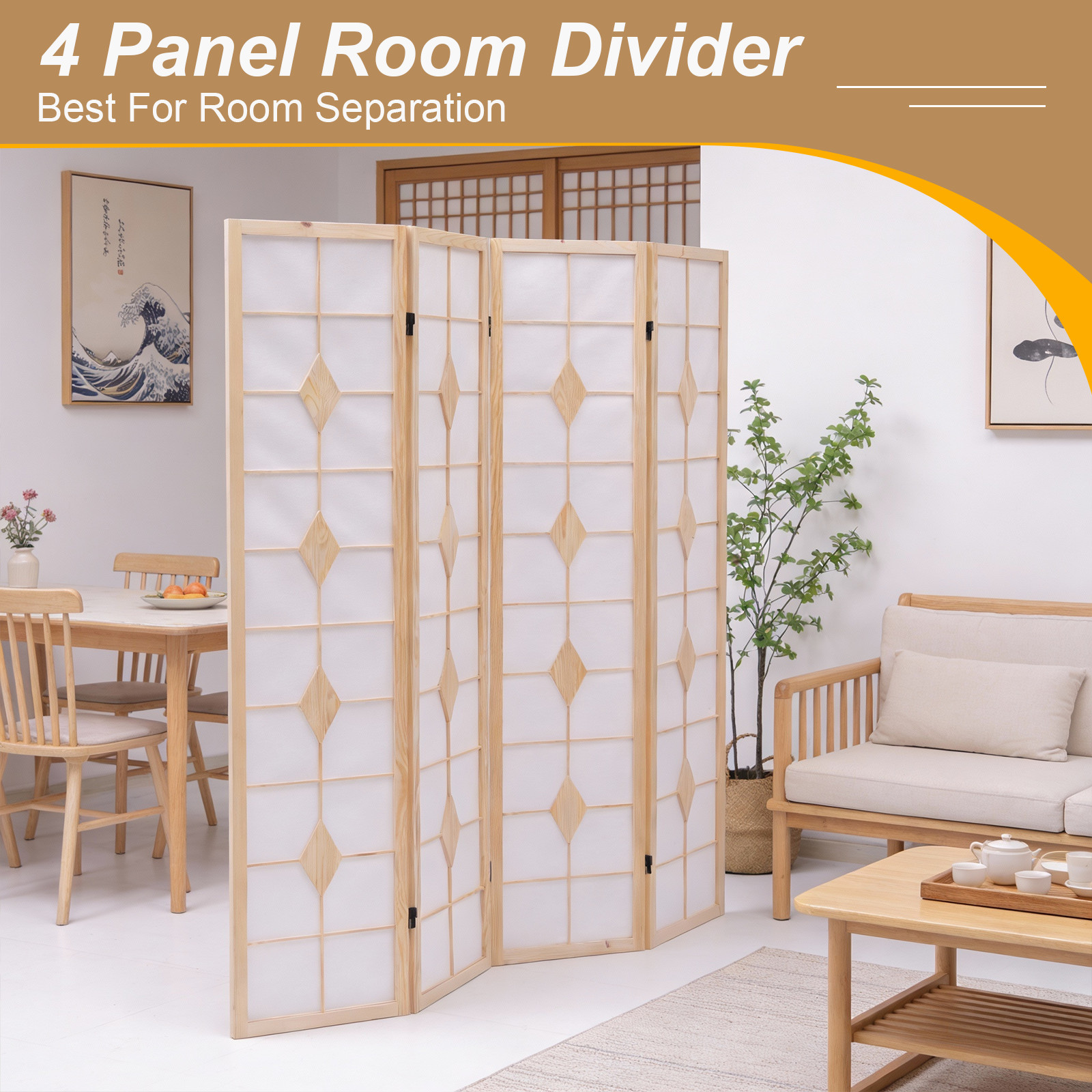 4 Panel Folding Room Dividers Wooden Privacy Screen Fabric Wall Separation White