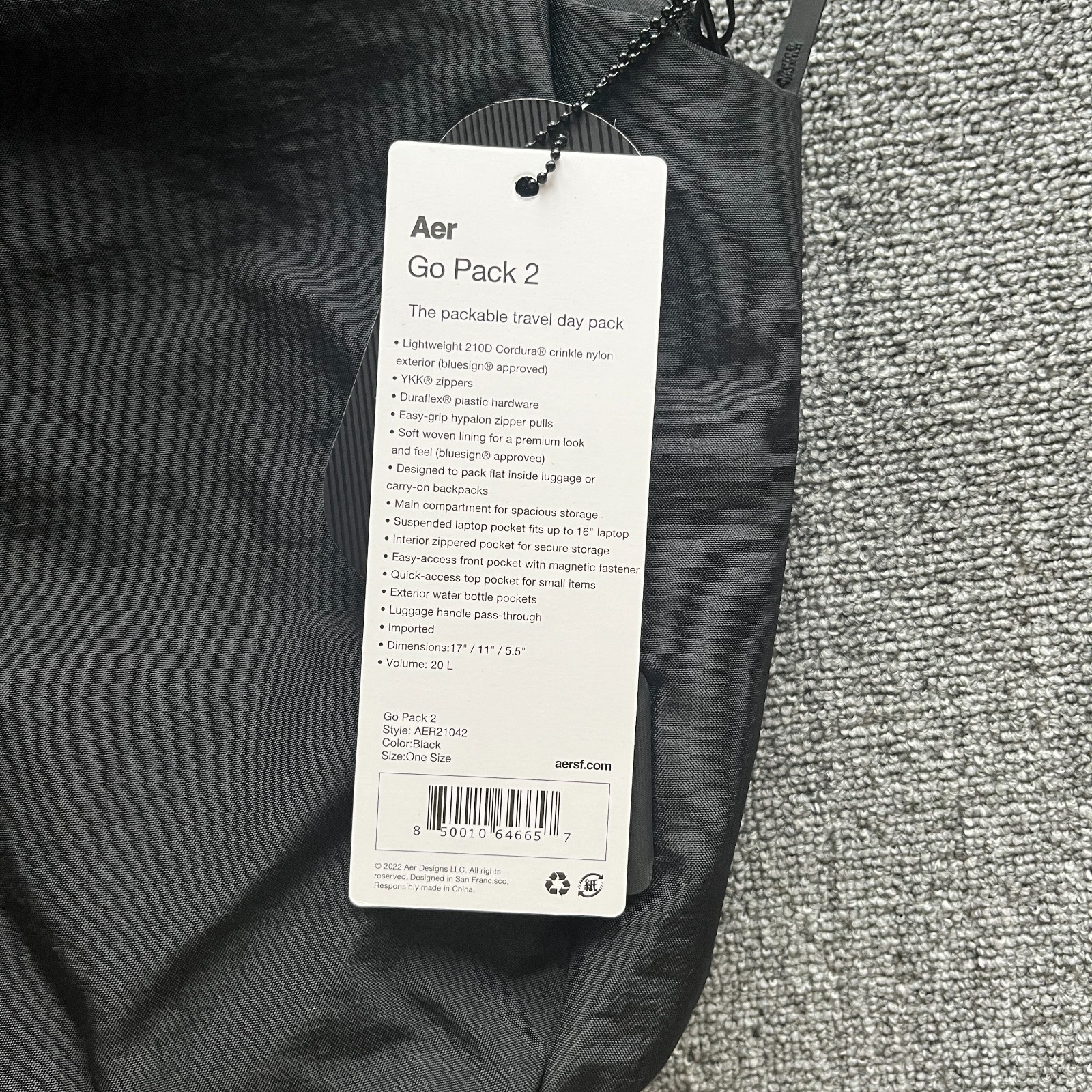 Aer Go Pack 2 (20L) Packable Travel Daypack | Lightweight 210D Cordura | BNWT -
