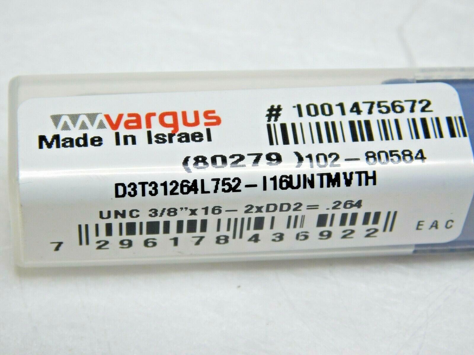 Vargus Carbide Helical Flute Thread Mill RH 3/8"-16 Internal 16 TPI 3FK 80279