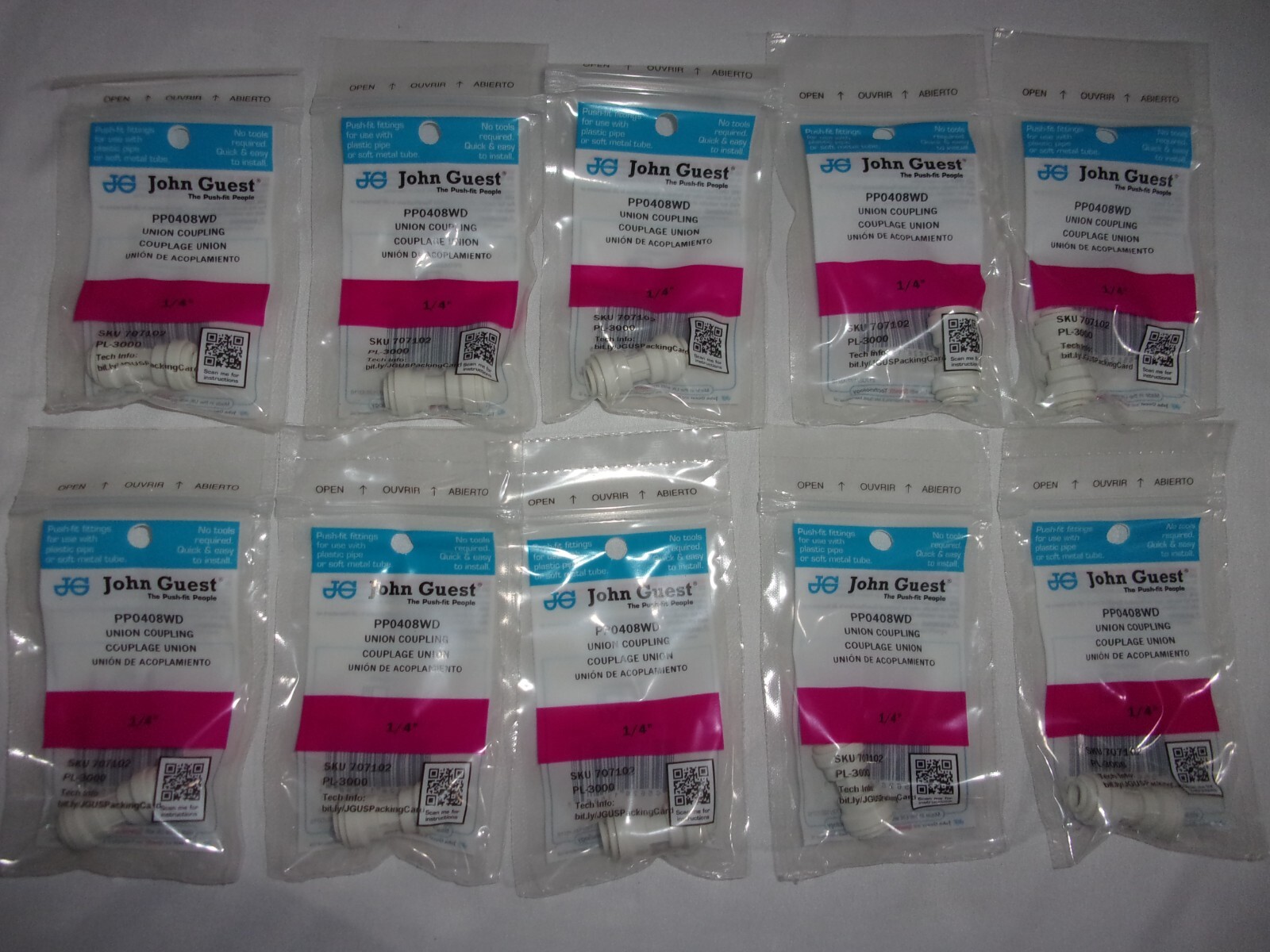 10 Pack John Guest PP0408WD Push Fit Union Coupling 1/4" New