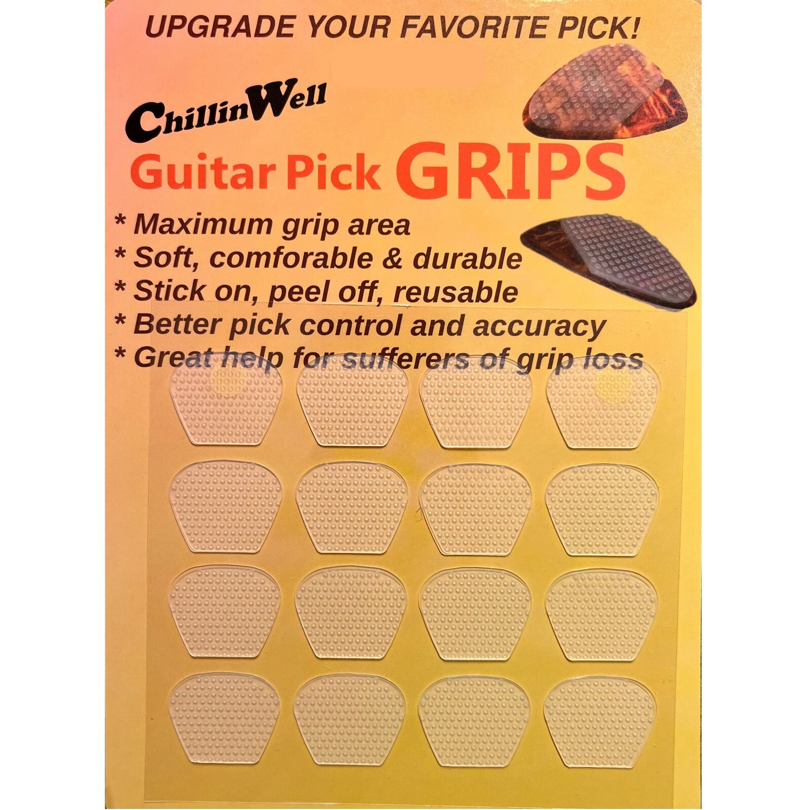 ChillinWell Guitar Pick Grips 16pc Grippy not Sticky Durable Reusable Stick-On