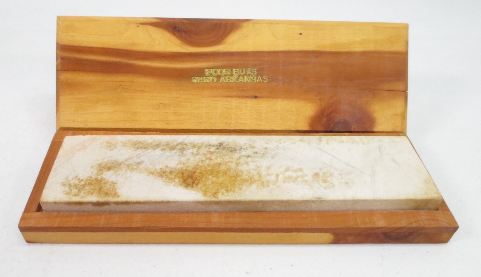 Vintage Poor Boys Whetstone Arkansas Oilstone 8 inch Sharpening Stone w Cedar Bo