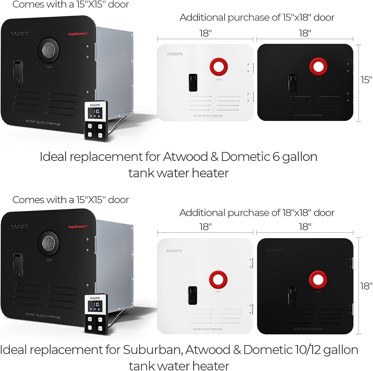 FOGATTI RV Tankless Water Heater InstaShower 7 with 15 x 15 in Black Door DC 12V