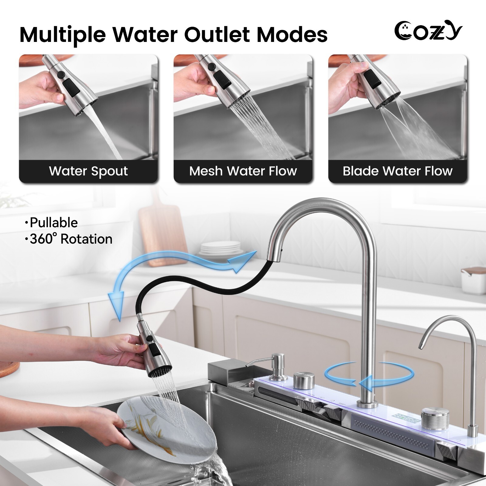 Cozy 33x22" Multifunctional Overmount Kitchen Sink Faucet Combo Brush Nickel