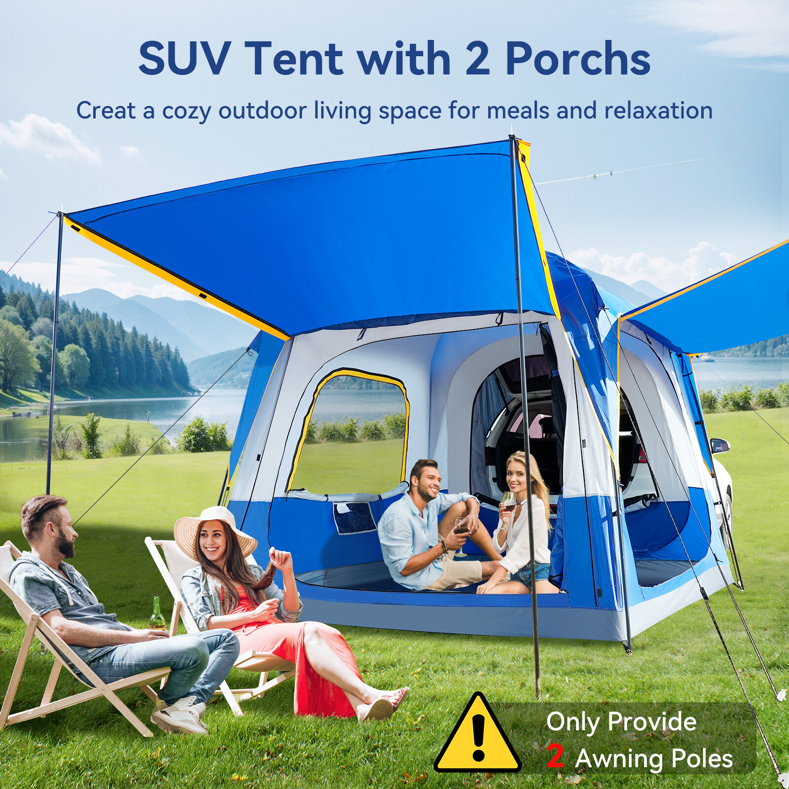 NAIZEA SUV Tent for Camping, 6-Person Car Tent 8.2'*8.2'*87in(H) With 2 Porchs