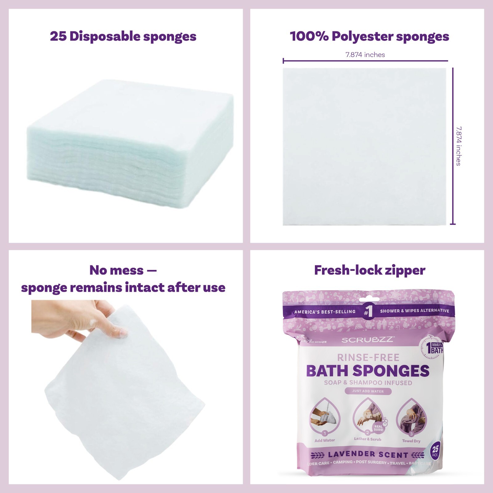 Scrubzz Disposable Rinse Free Bathing Sponges - Lavender, 75 Count
