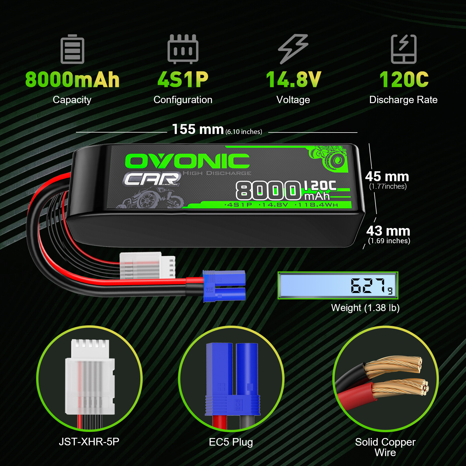 2X Ovonic 14.8V 120C 8000mAh 4S LiPo Battery EC5 For Arrma Outcast Truck Buggy