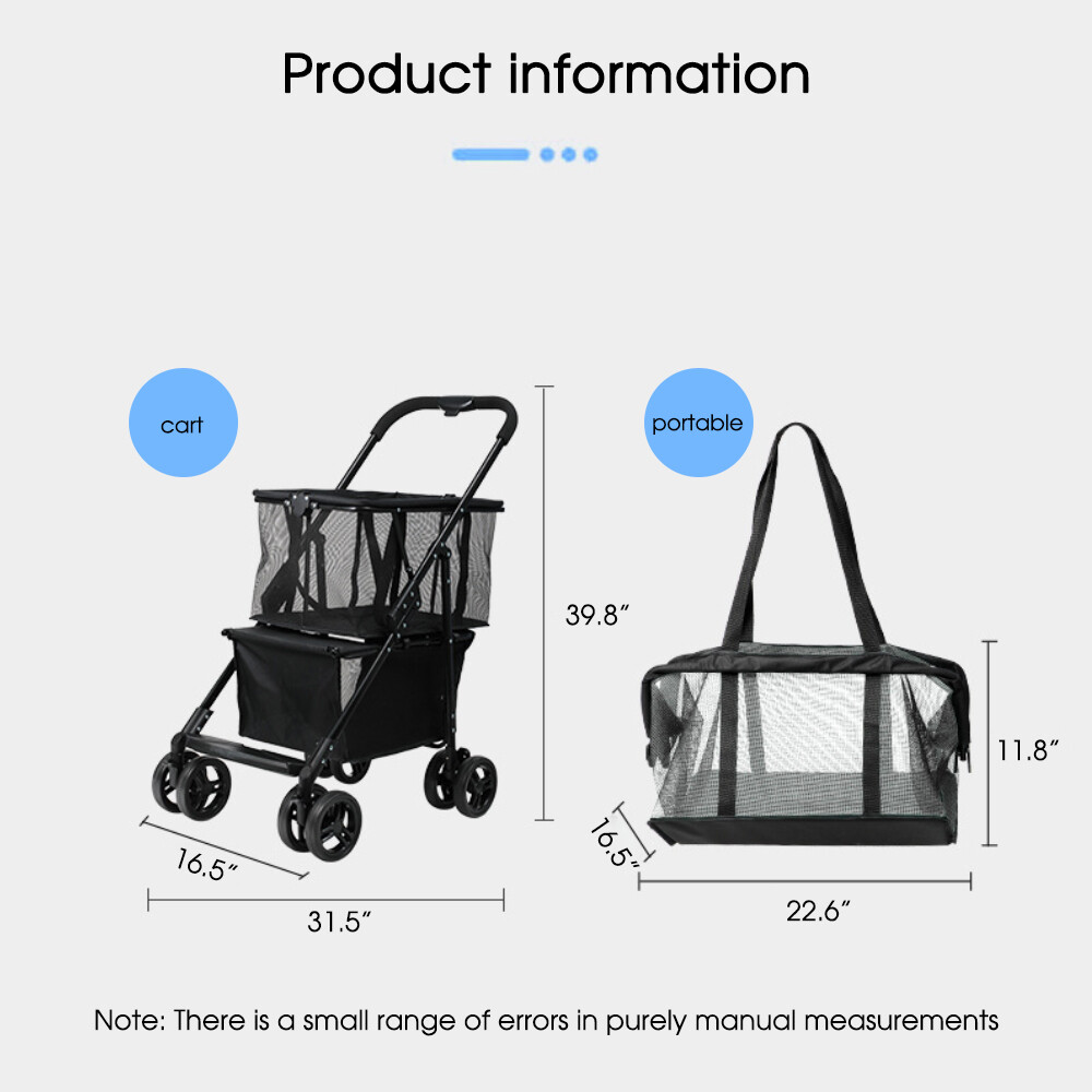 Foldable Heavy Duty Shopping Cart 2 in 1 Portable Pet Stroller w/ Removable Tote