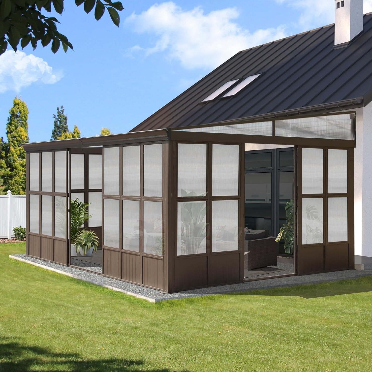 Domi Outdoor 12x16FT Wall Mounted Sunroom with PC Roof & Lockable Sliding Doors