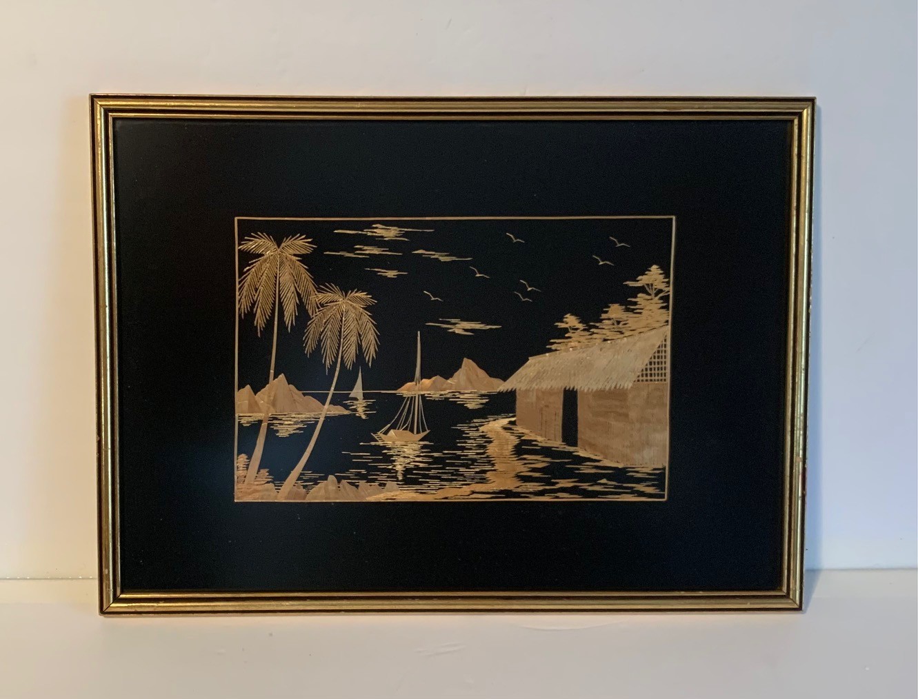Vintage Framed Bamboo Straw Asian Pacific Folk Art 17" x 12"