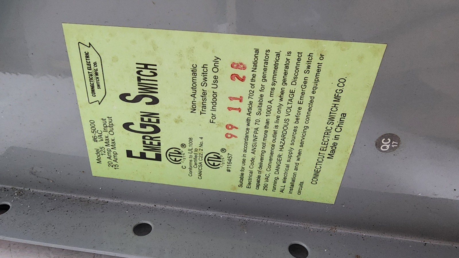 EmerGen Switch Manual Transfer Switch 6-5000 w/ Installation Manual. Never Used