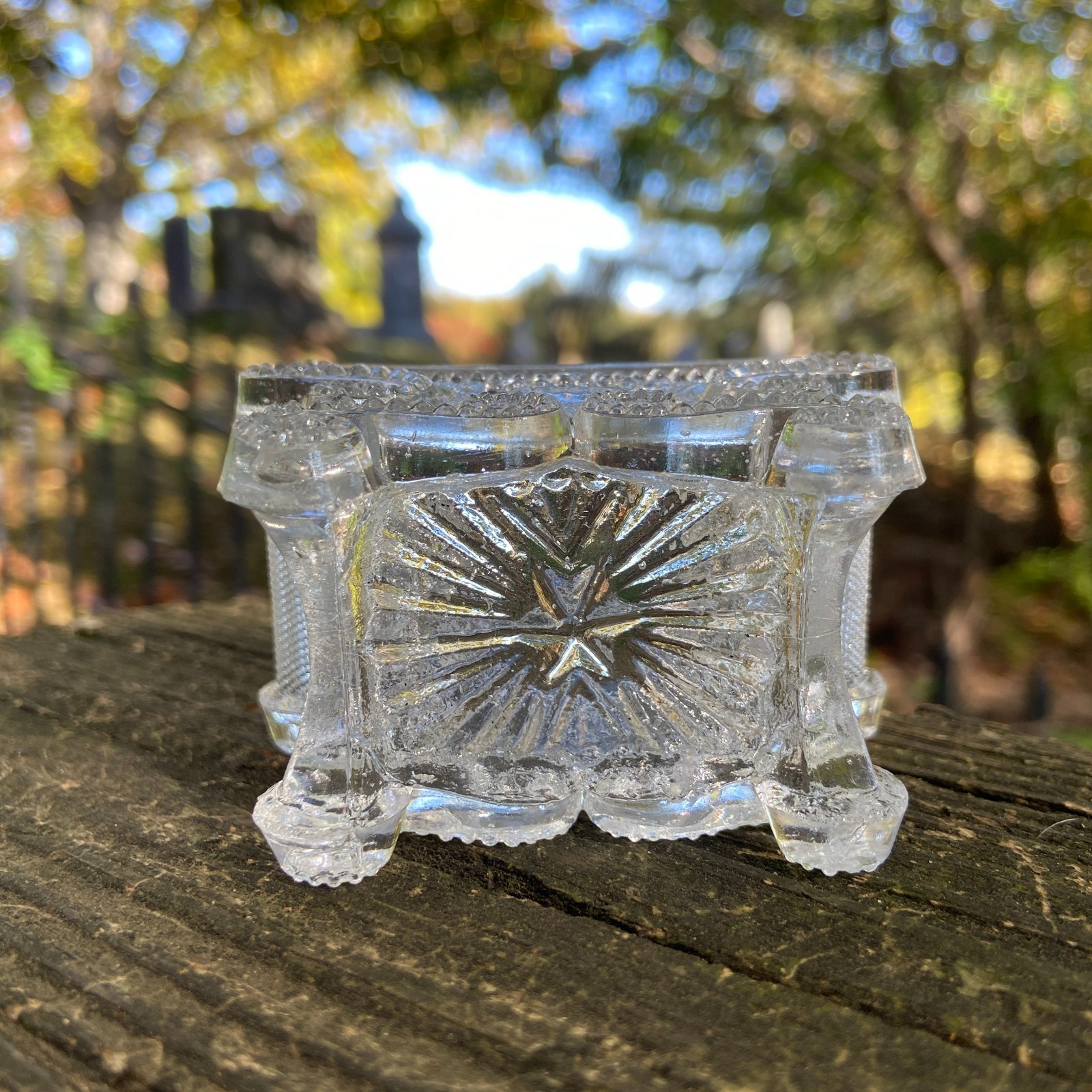 Antique 1830s Lacy Flint Glass Beaded Scroll + Basket of Flowers Open Salt BS-3A