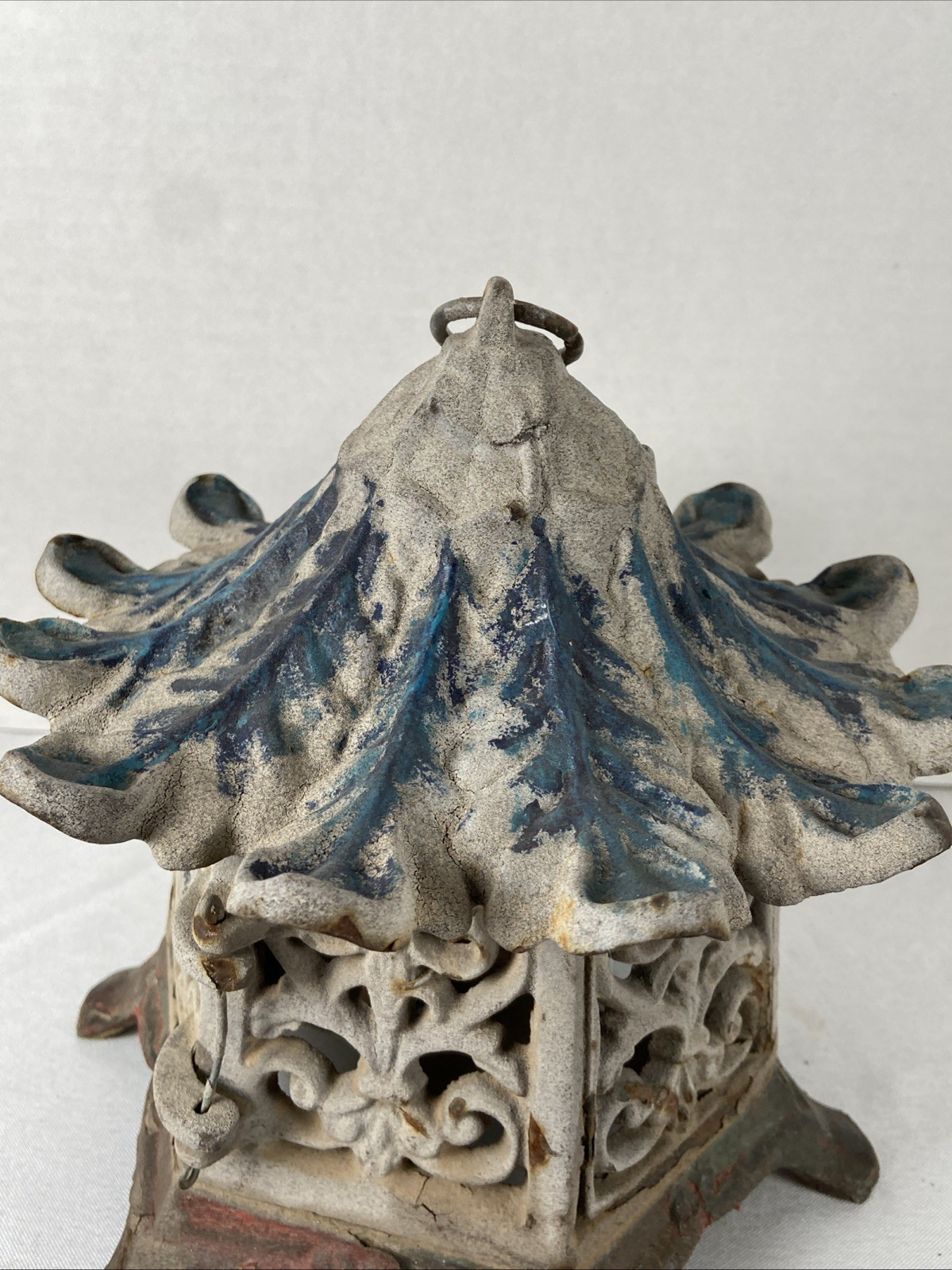 Vintage 9” Large Cast Iron Asian Pagoda Tea Light Candle Heavy Hanging Lantern