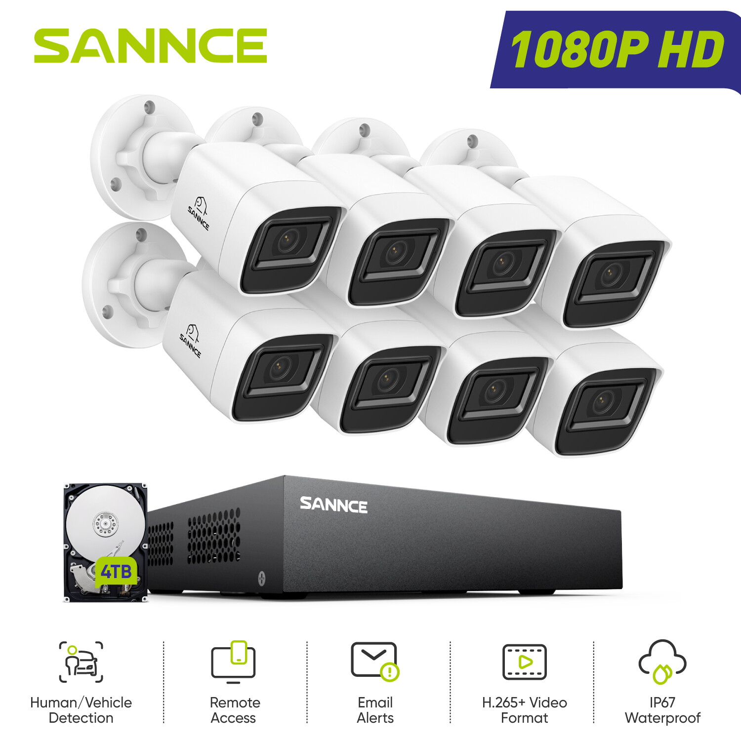SANNCE 8CH DVR 1080P CCTV Outdoor Security Camera System Human Detection H.265+