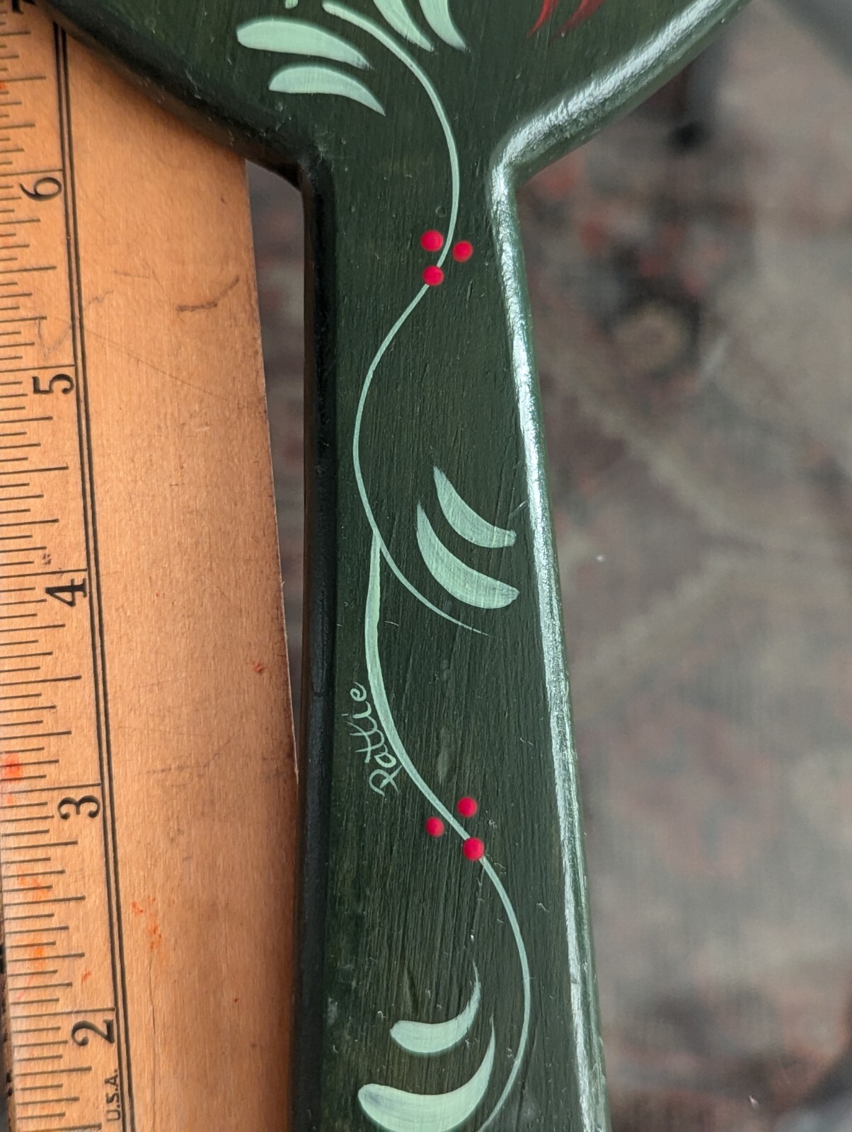 Vtg Hand Mirror Vanity Folk Art Handmade Home Green Wood Tole Painted Floral