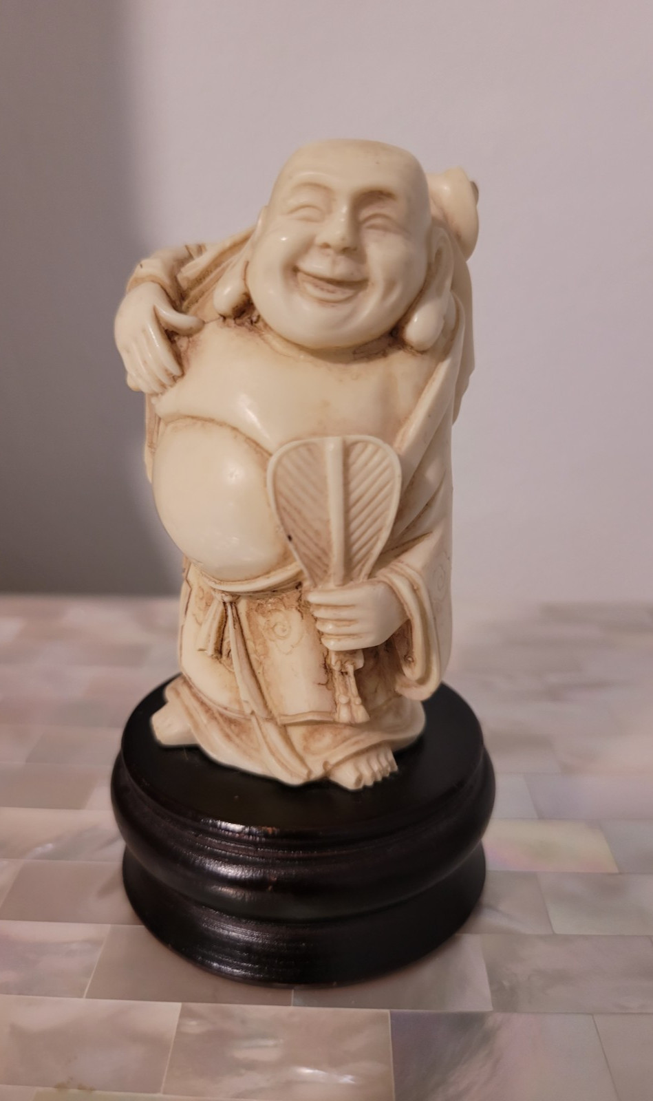 Vintage Japanese Carved Happy Buddha Figurine on Wood Stand 3-3/4" tall