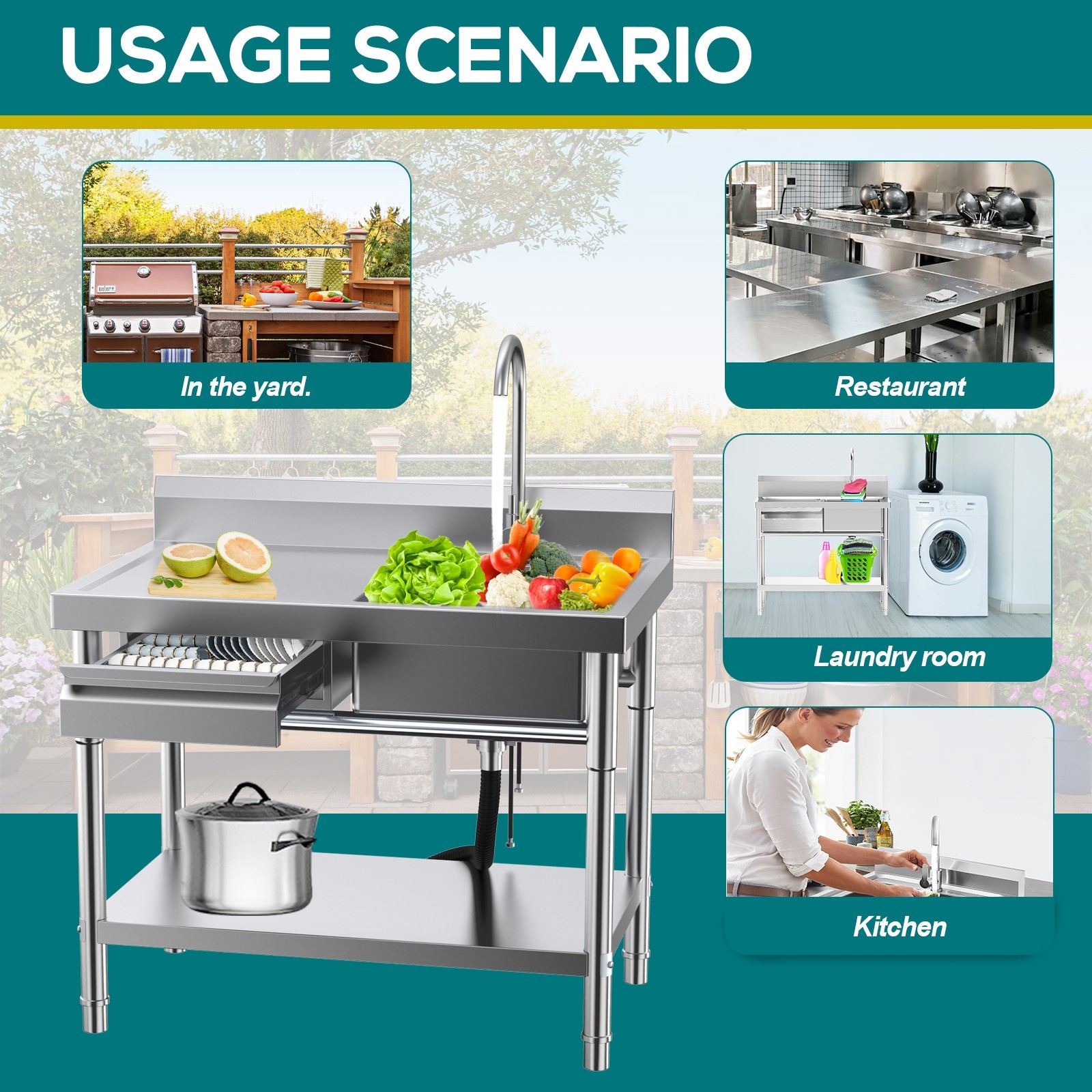 All-In-One Stainless Steel Freestanding Sink with Drawers for Laundry Room Use..