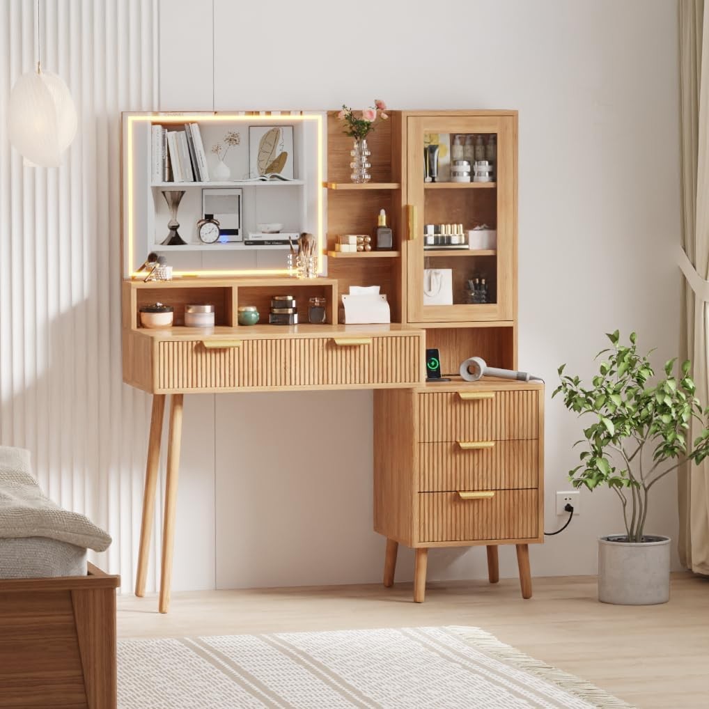 Vanity Desk with Lighted Mirror & USB,Fluted Makeup Table with 5 Drawers Storage
