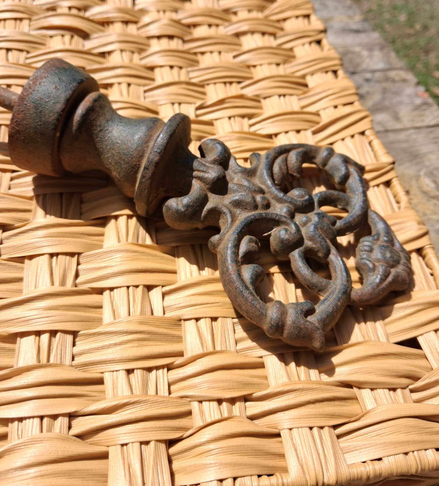 Antique Cast Iron Architectural Hose Guide with Finial Top Natural Patina 12"x4"