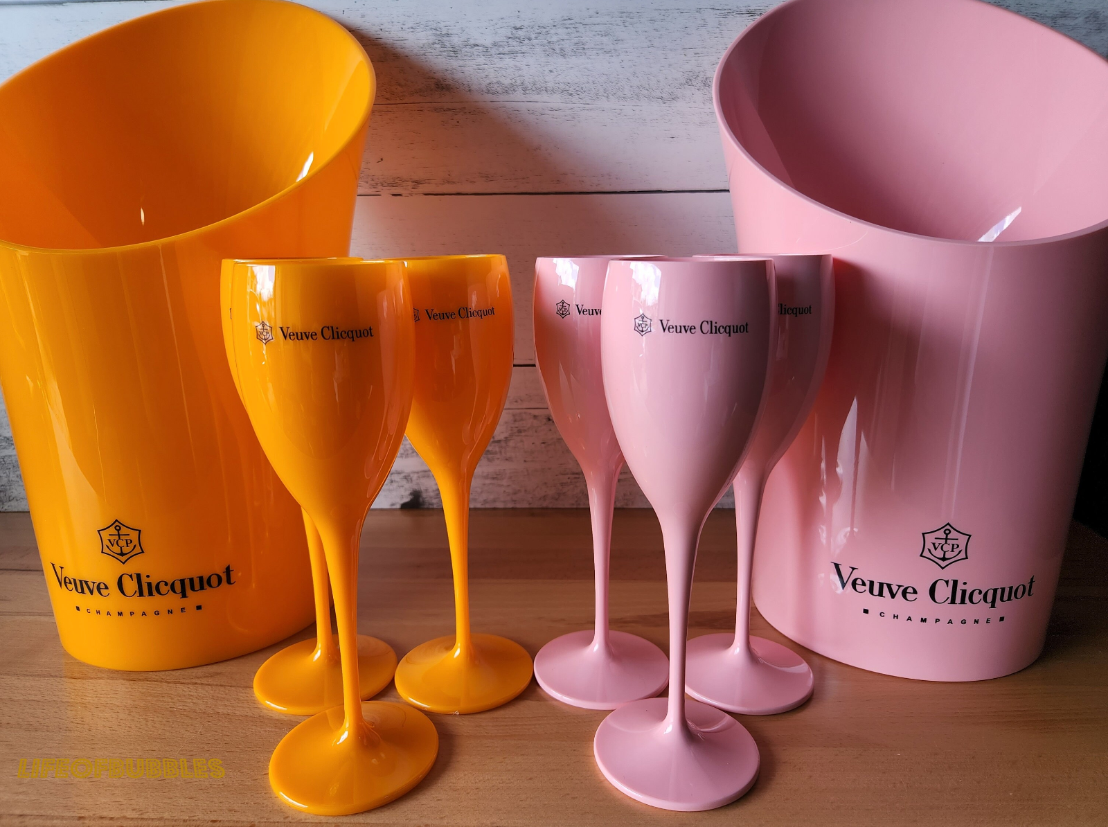 Veuve Orange Plastic Champagne Flute Glass | Matching Ice Bucket Set Options
