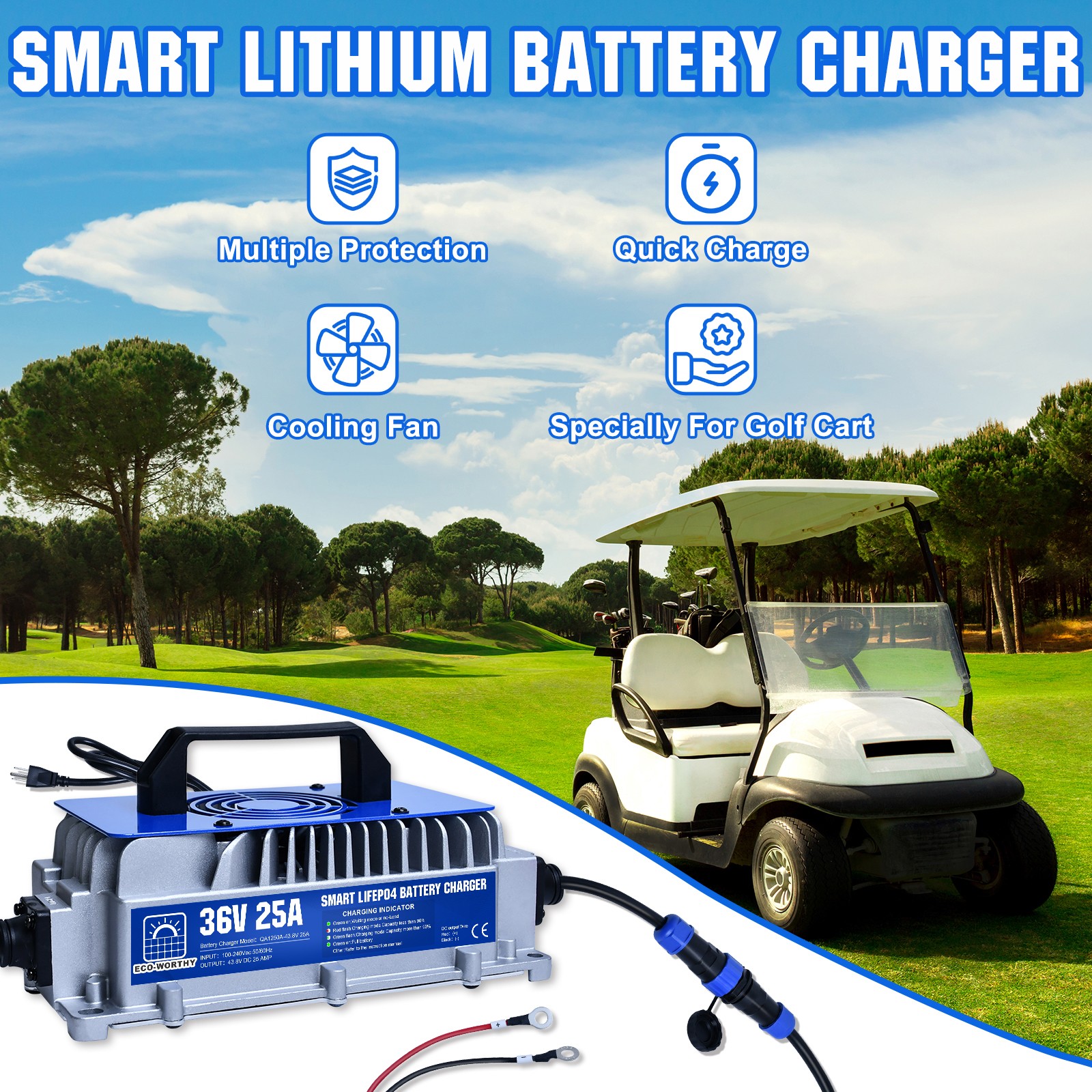 ECO-WORTHY 36V 100Ah Lithium Battery + 36V 25A Charger Bluetooth Trolling Motor