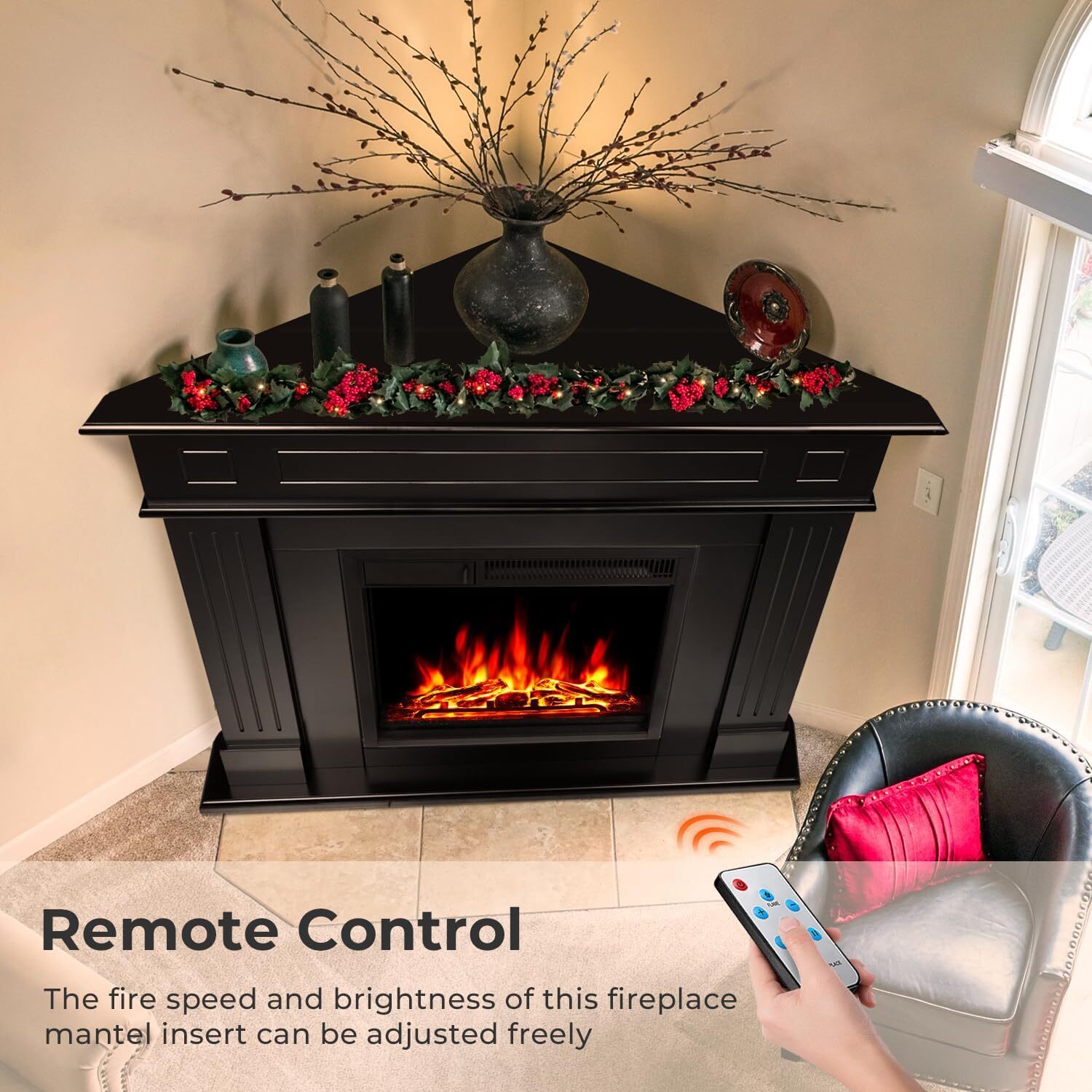 43” Corner Electric Fireplace Mantel Wooden Surround Firebox, TV Stand,Remote