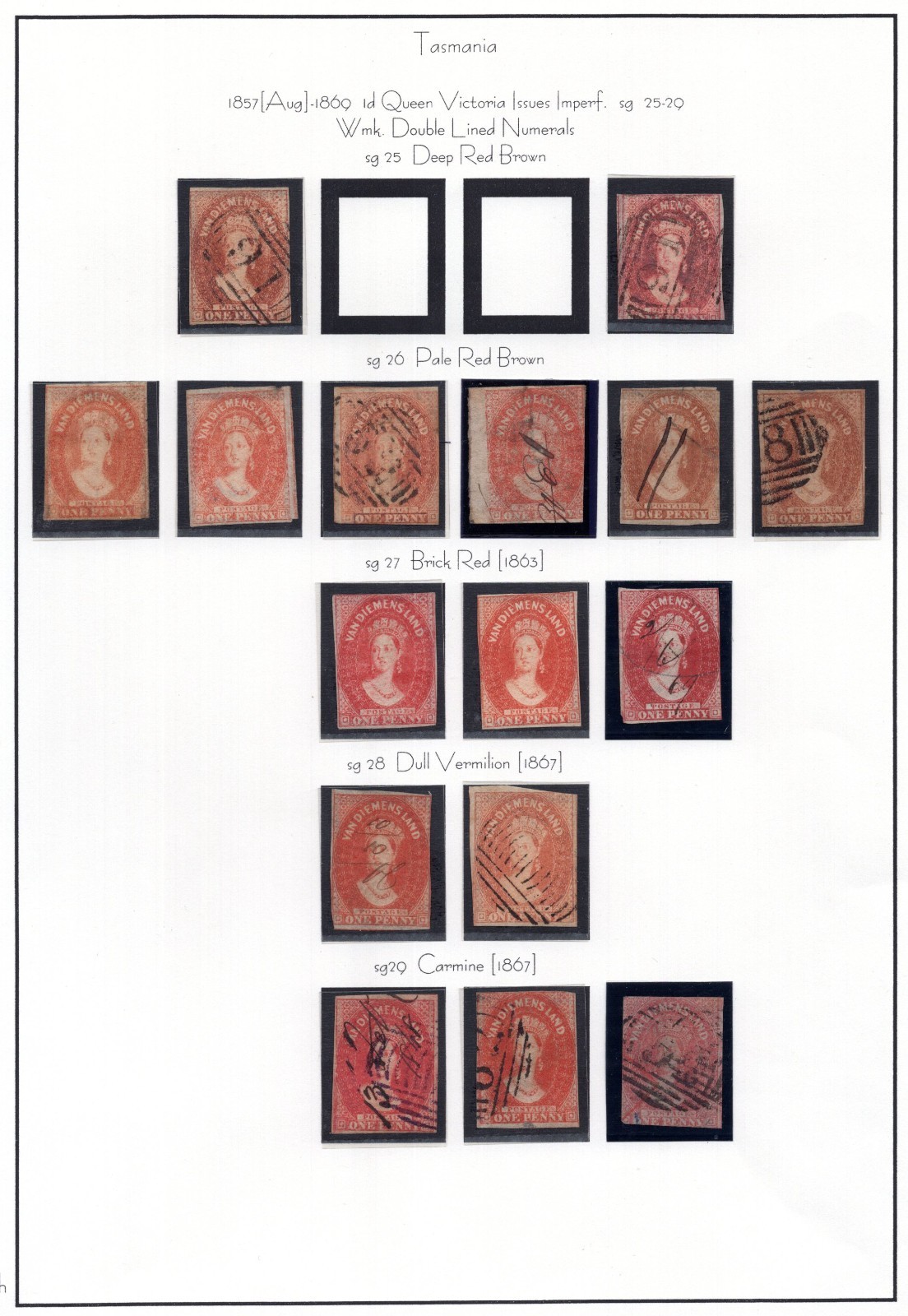 AUSTRALIA TASMANIA 1857-1867 QUEEN VICTORIA CHALON HEAD S.G. #25-29 SPECIALIZED