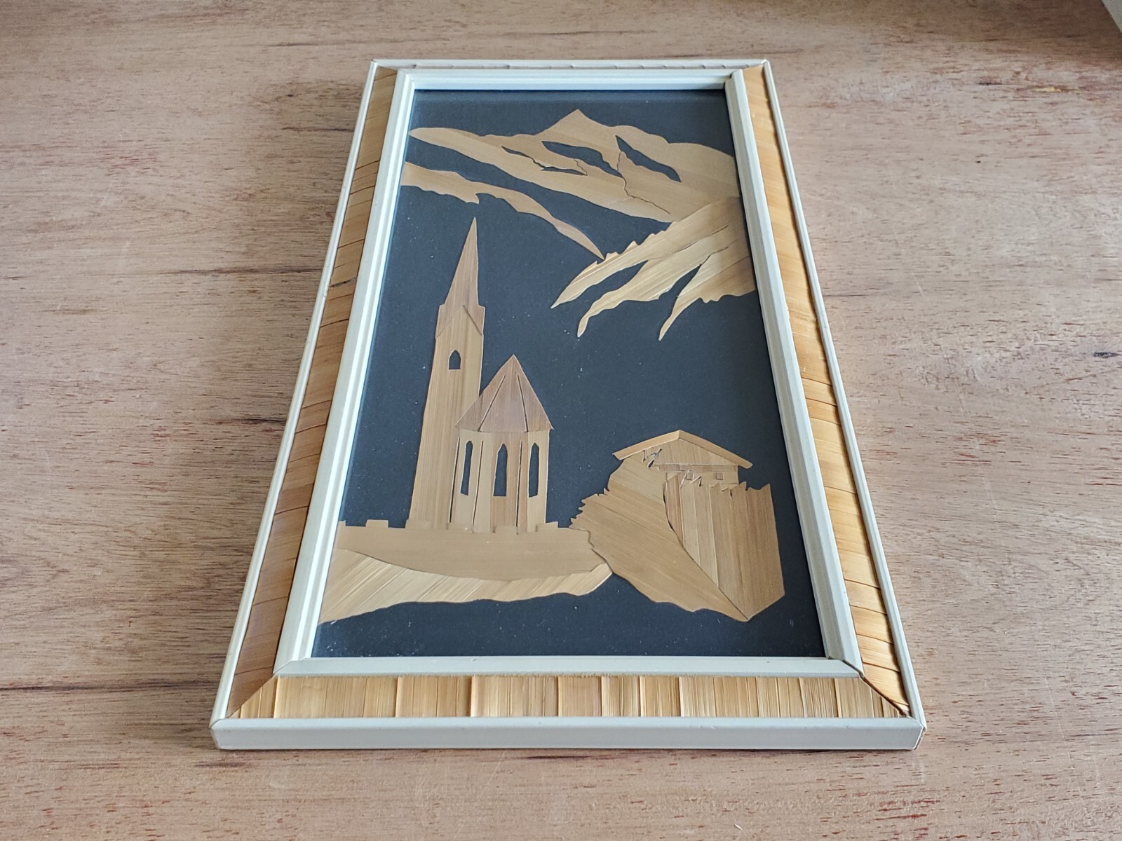 Mountain Scene Church Wall Art Hanging Decor Unsure Unusual Vintage Bamboo Inlay