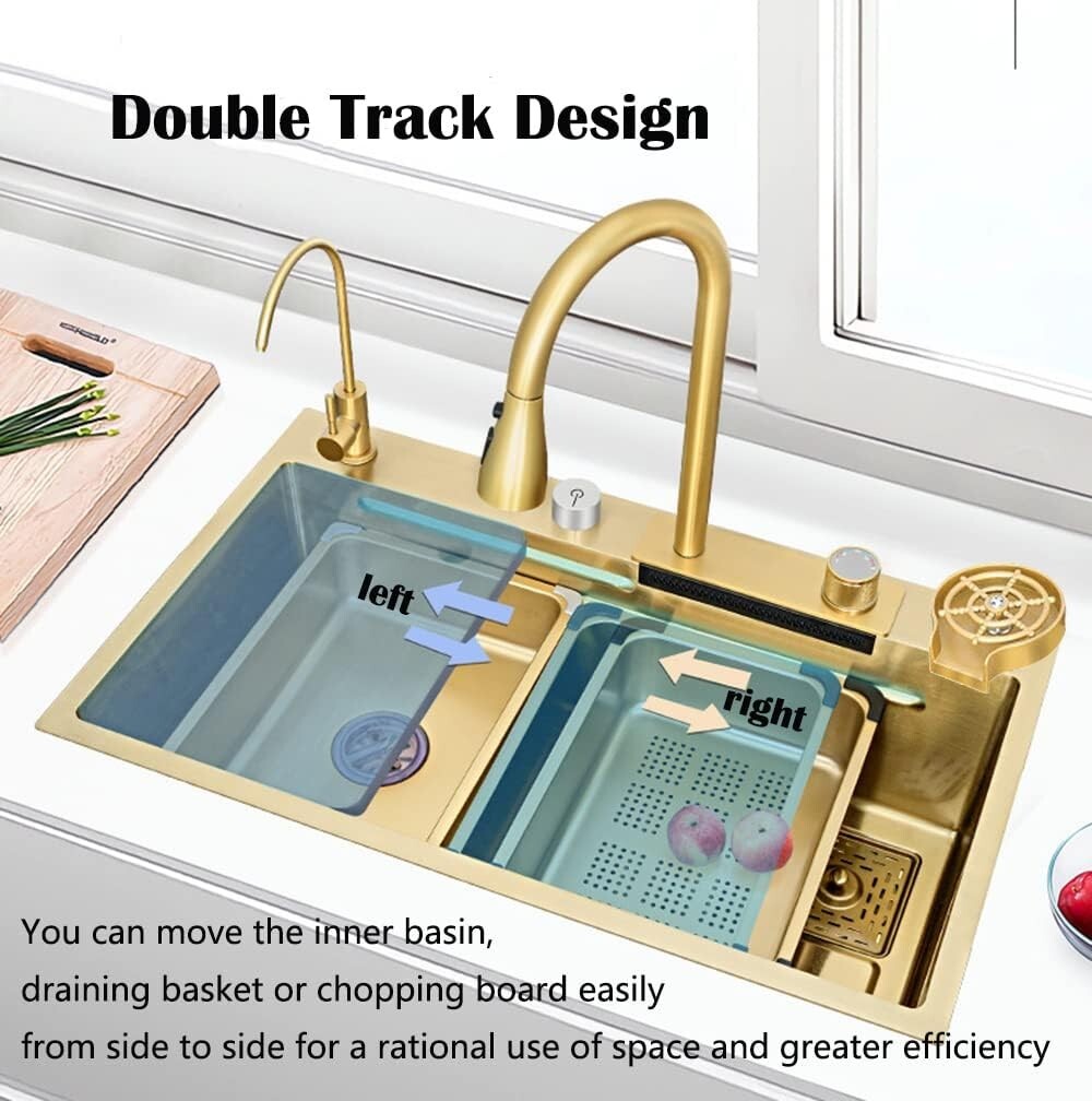 33x22 IN Gold Flying Rain Stainles Steel Watefall Kitchen Sink w PullDown Faucet