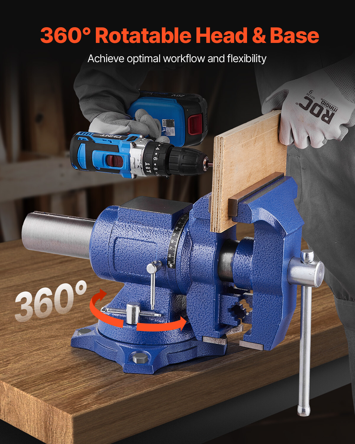 6-1/2" Multi-Purpose Bench Vise Heavy Duty Ductile Iron 360° Swivel Base