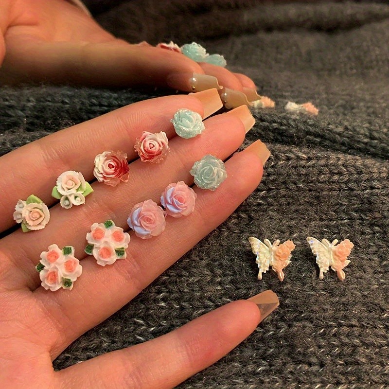6Pair Women's Colorful Resin Flower Butterfly Ear Studs Set Sweet Earrings