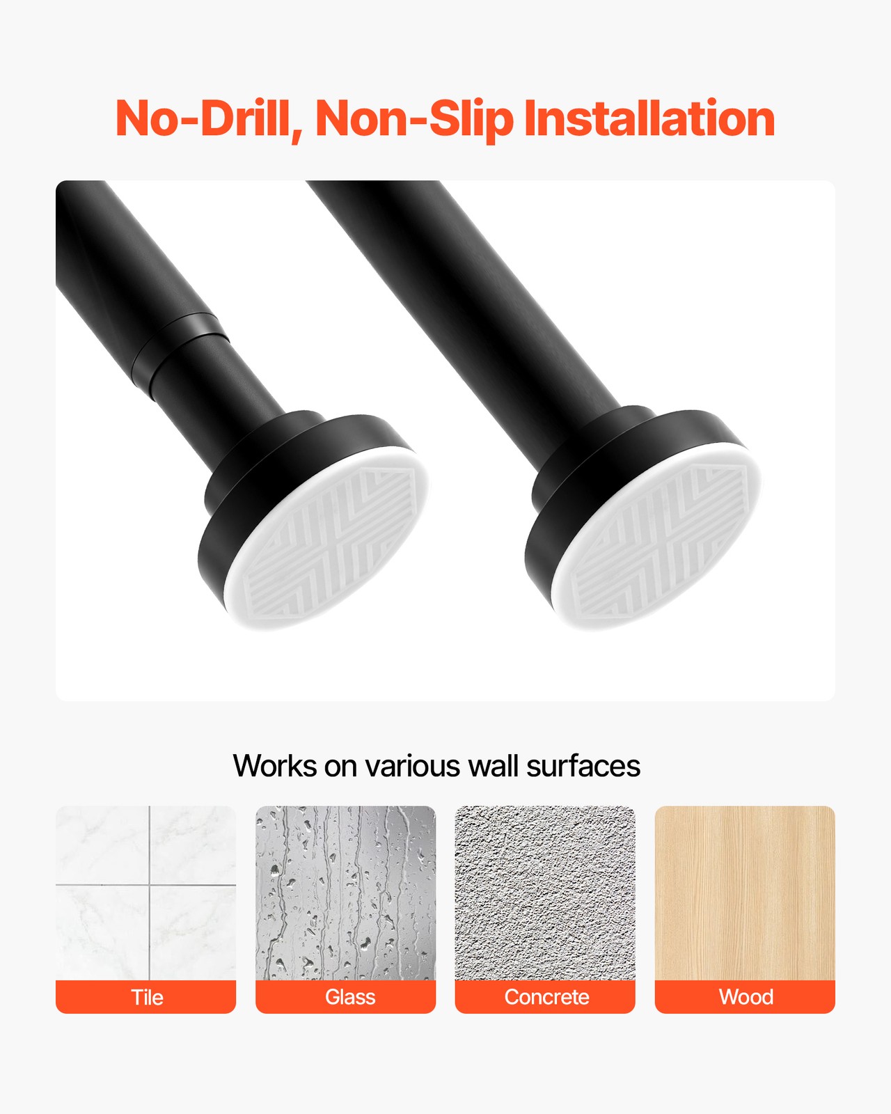 VEVOR Shower Curtain Rod Adjustable Tension Rod 28-76 in Stainless Steel Black