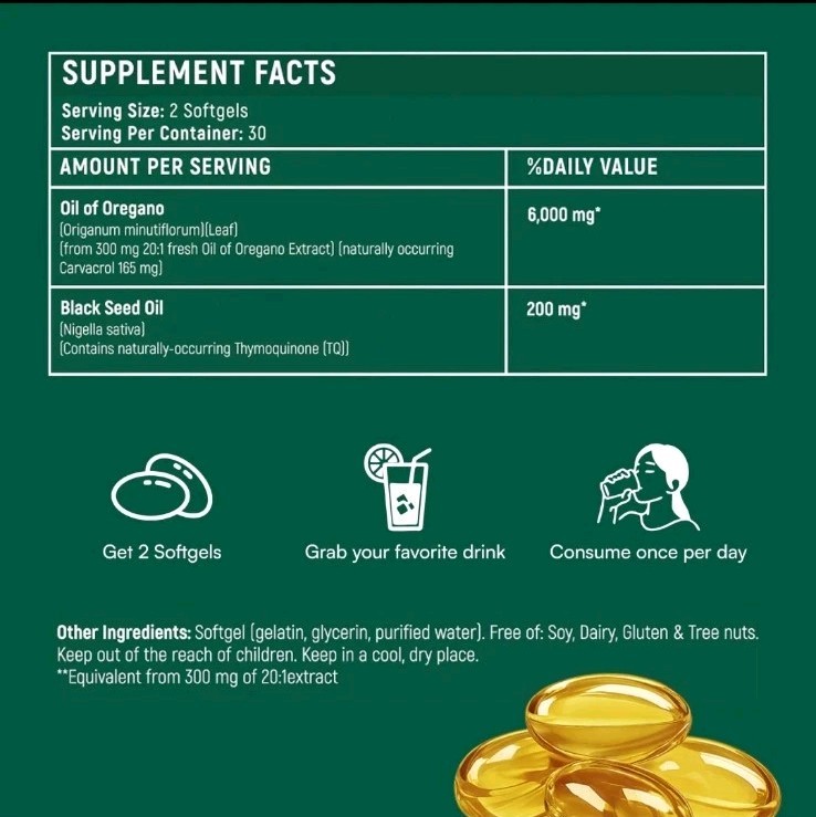 2 in 1 Oil of Oregano & Black Seed Softgels with Carvacrol , Immune Support