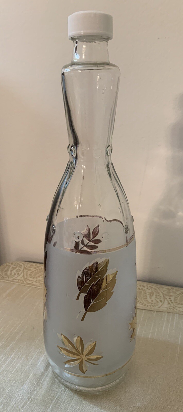 Vintage Libbey Frosted White with Gold Leaves Bottle/Decanter 12” Tall 3” High