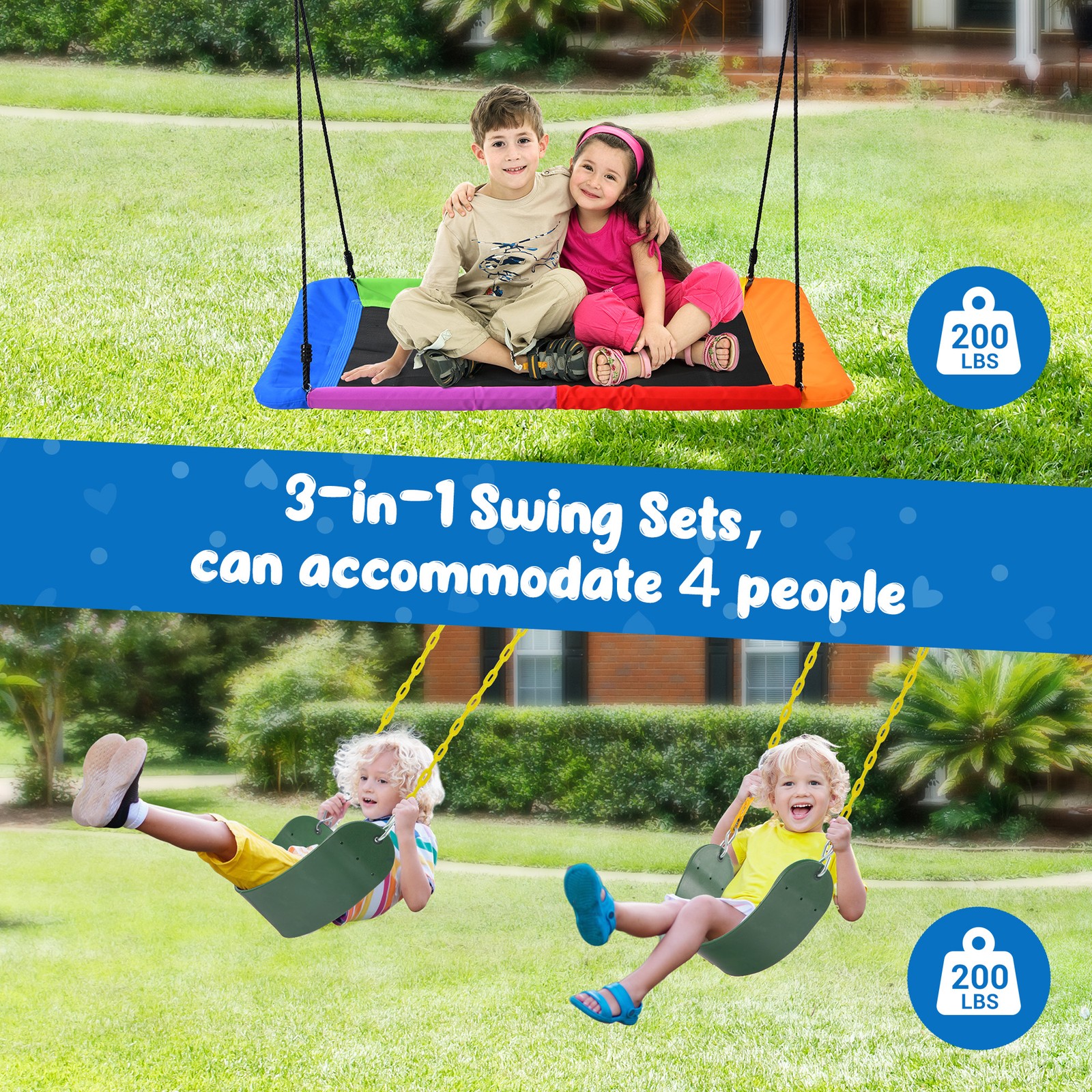Hapfan 600lbs 7.3ft Tall Heavy Duty Metal Swing Set with 3 Swings Kids Backyard