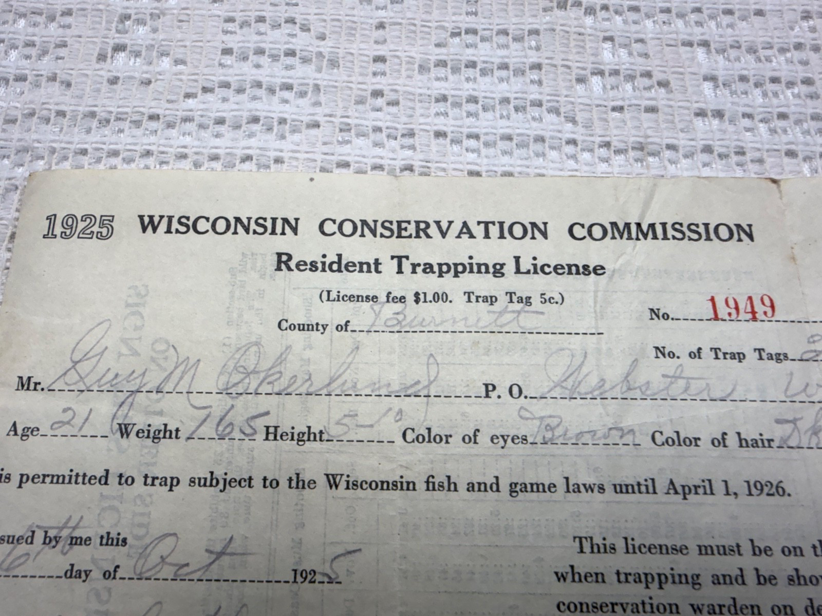 VTG 1925-26 Wisconsin Conservation Commission Resident Trapping License Burnett