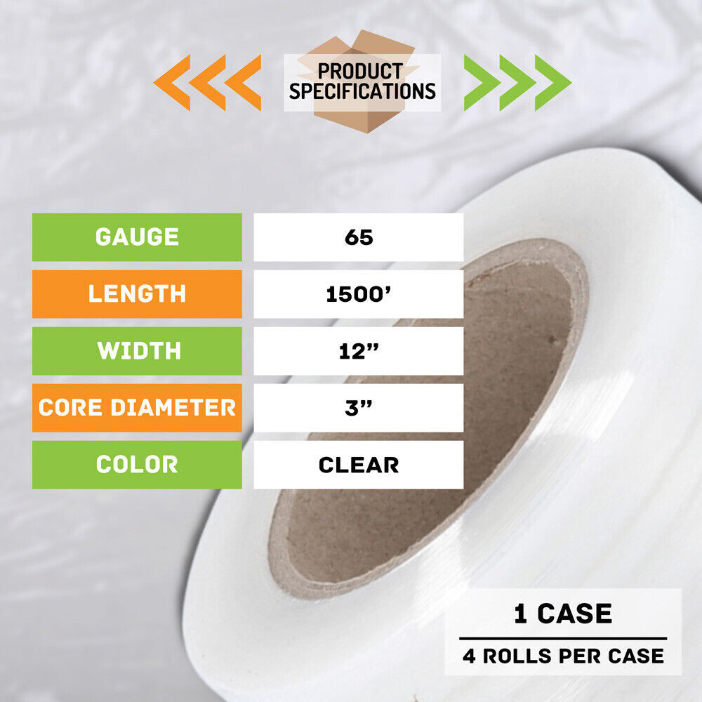 12" x 1500' 65 Gauge Cast Hand Stretch Wrap Clear Plastic Stretch Film 4 Rolls