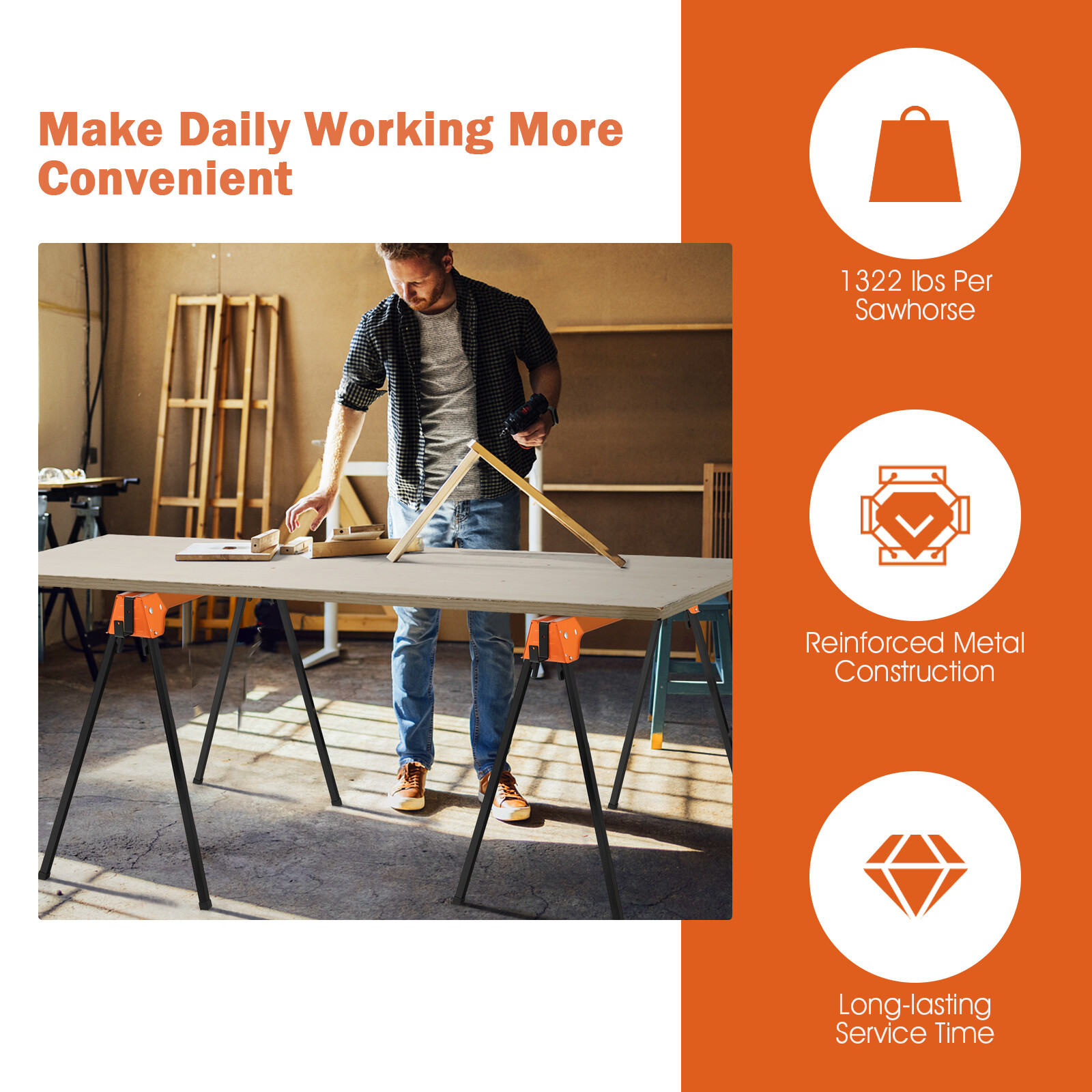 Folding Saw Horses 2 Pack Sawhorse Portable Heavy Duty 1366 LBS Weight Capacity