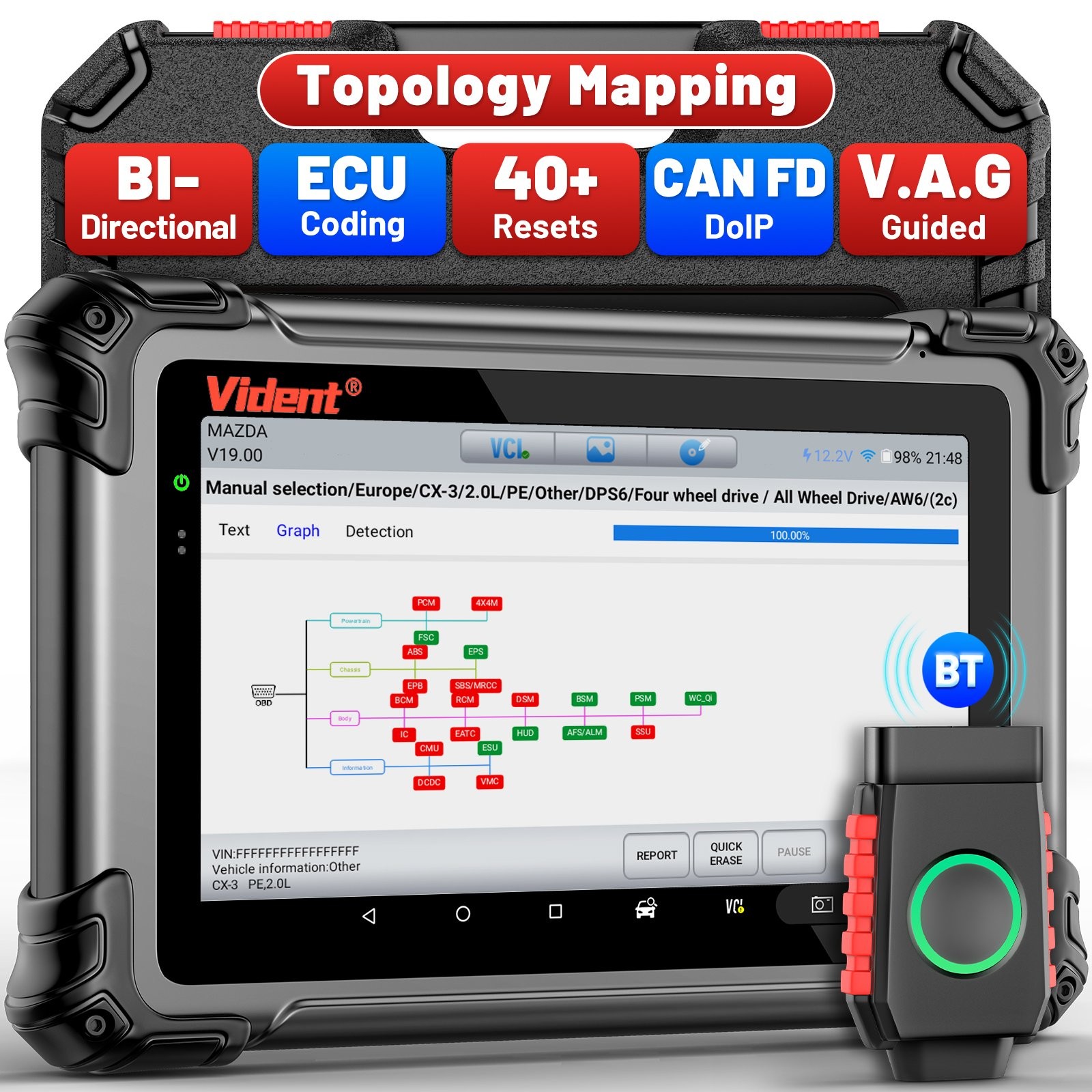 Vident 800Pro BT Bidirectional OBD2 Scanner Diagnostic Online Coding TopologyMAP