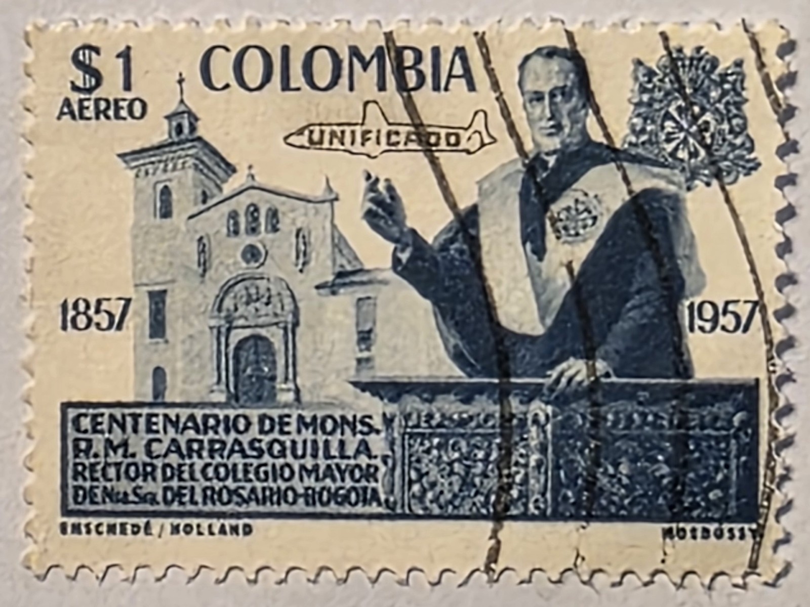 Colombia 1957, Msgr. Carrasquilla, 1 Peso Used Airmail Stamp, #C341, FREE SHIP!