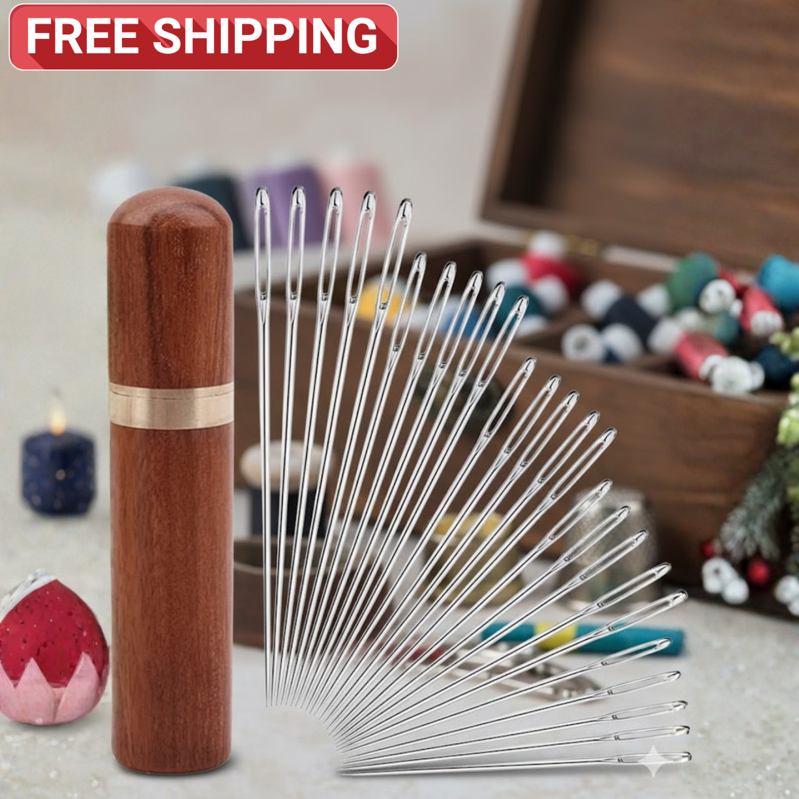 25pcs Large Eye Hand Sewing Needles Set Stitching Needles With Wood Needle Case