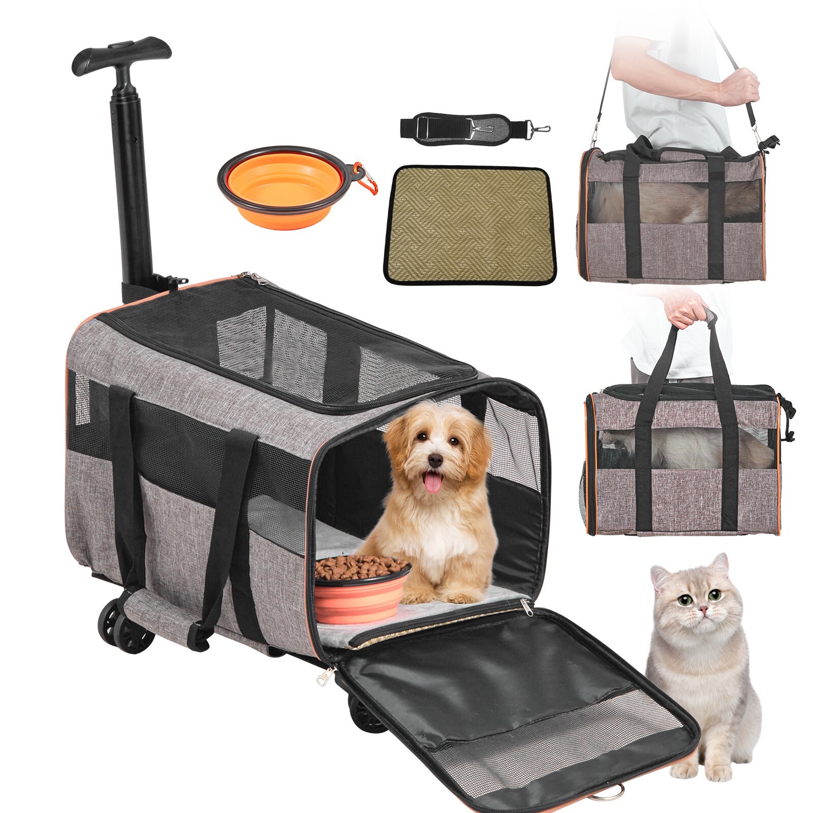 Cat Carrier with Wheels Airline Approved Rolling Pet Carrier 22 lbs Grey