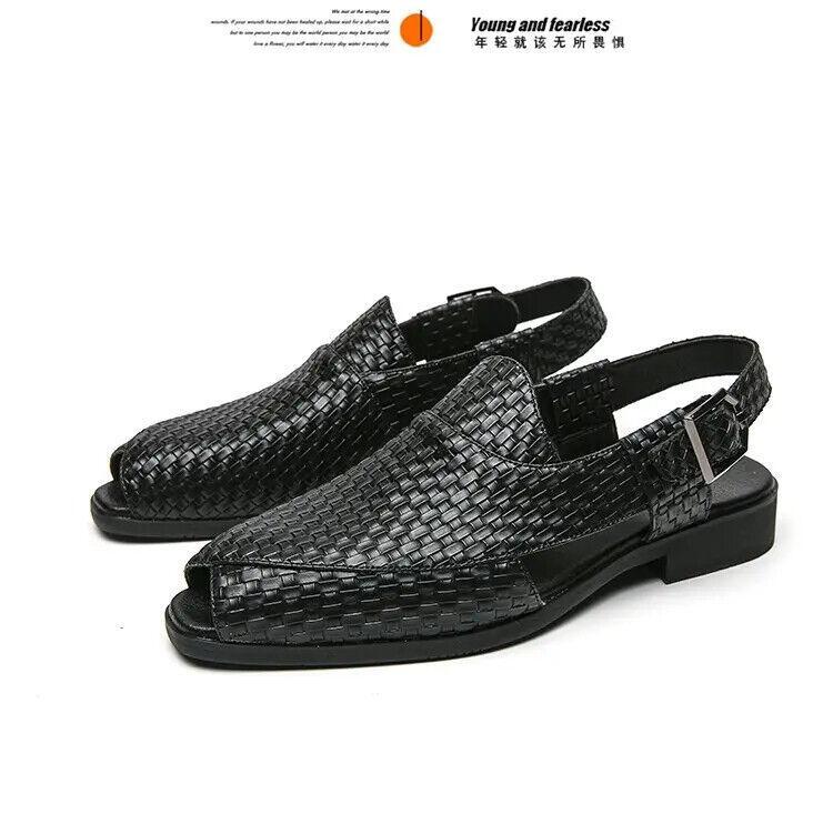 Outdoor Mens Leather Sandals Buckle On Peeptoe Summer Weave Dress Loafer NEW