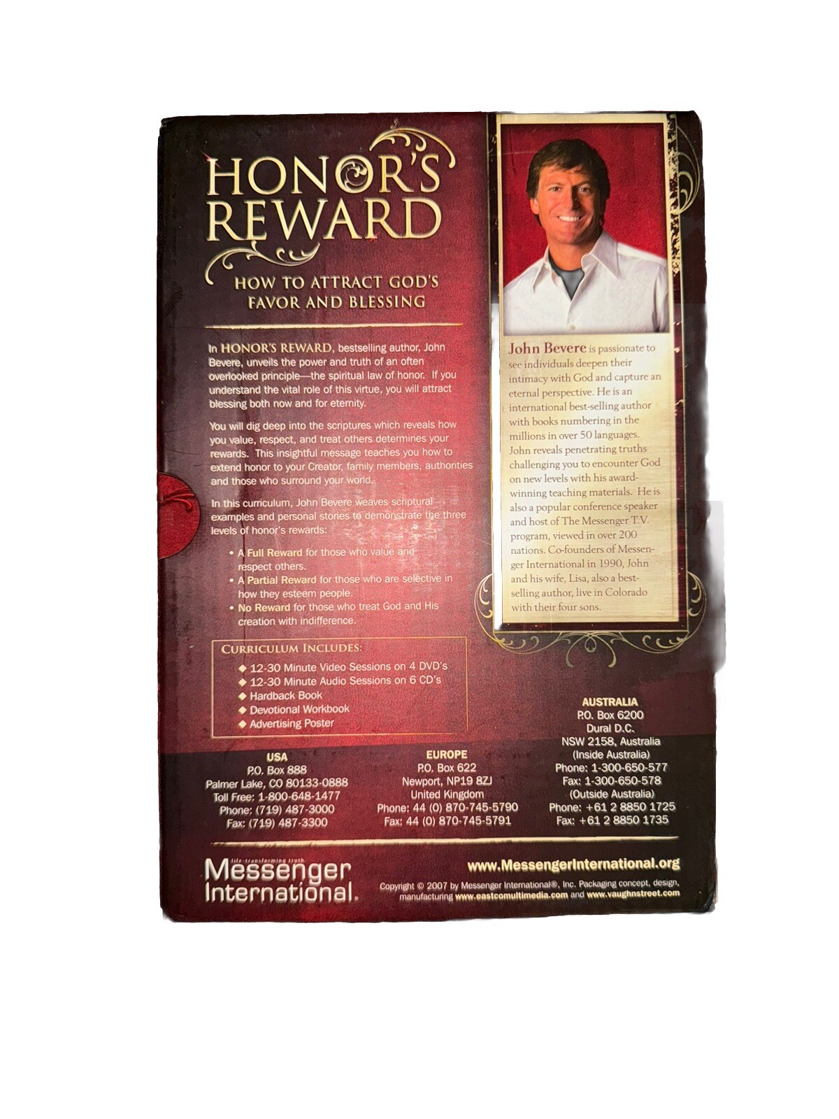 HONOR'S REWARD Book & Work Book & 6 CD Set + 4 DVDs All By JOHN BEVERE