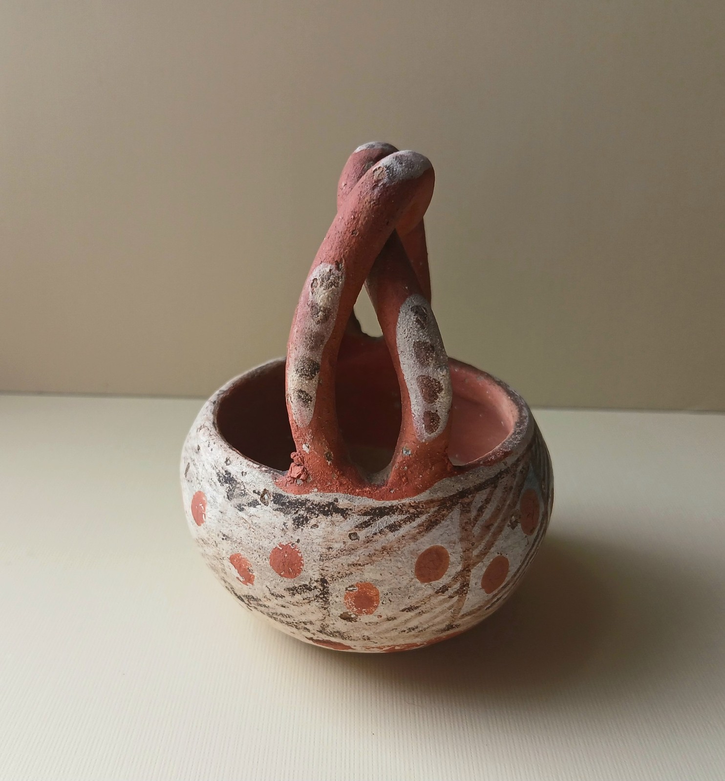 Antique Isleta Pueblo Pottery Basket Twist Handle, Hand Painted Designs, #1