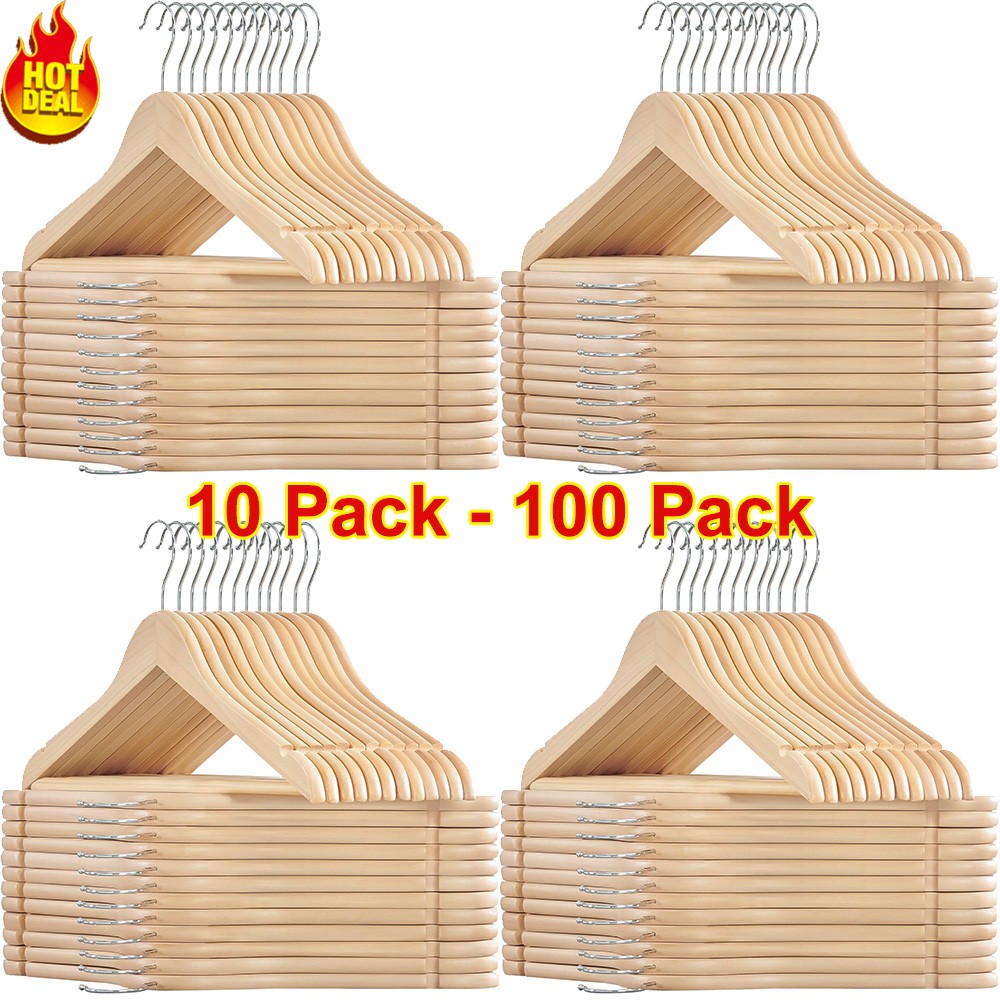 Wooden Hangers Pack of 20 & 50 & 100 Suit Hangers Premium Natural Finish Home US