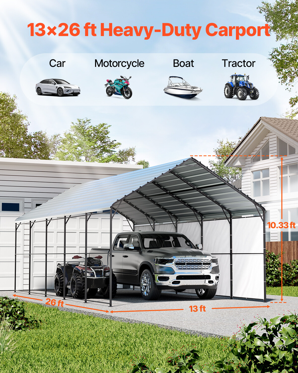 13' x 26' Metal Carport Outdoor Car Shelter Garage for Boats