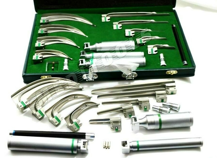 FIBER OPTIC LARYNGOSCOPE MAC + MILLER SET OF 18 EA ! EMT Anesthesia Intubation