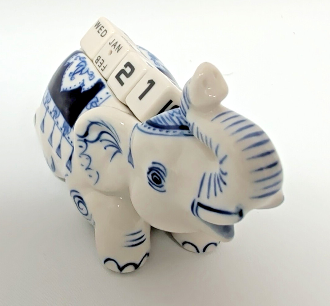 Ceramic ELEPHANT w/ PERPETUAL CALENDAR Blue Thailand - 3.5" Long x 2.5" Tall
