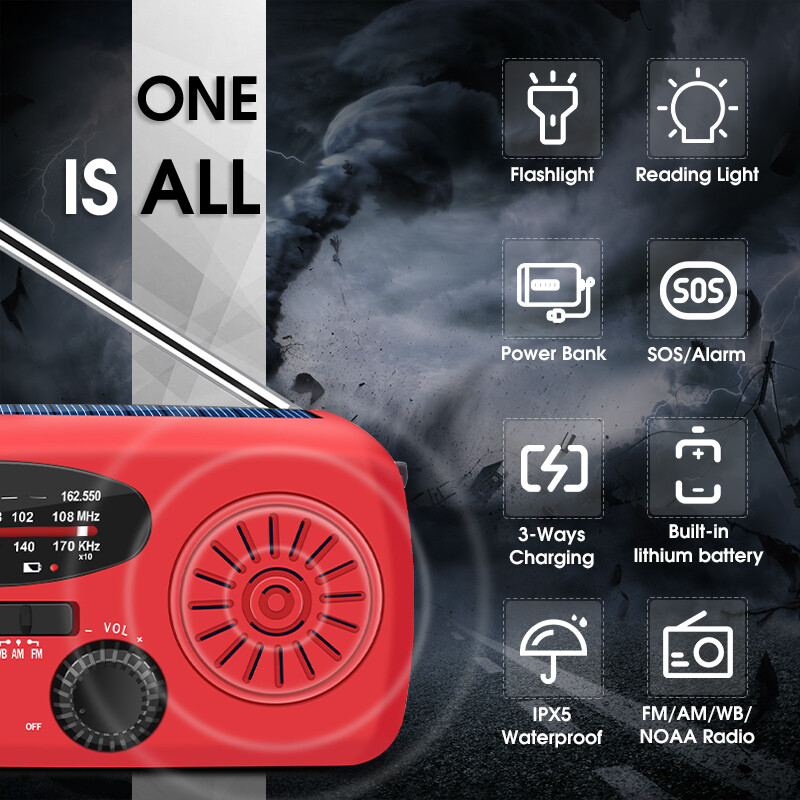 Emergency Solar Hand Crank Weather Radio 3000mAh Power Bank Charger Flash Light